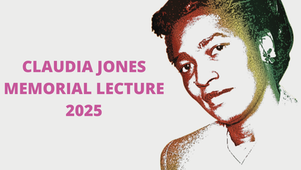 Image of Claudia Jones next to pink text.