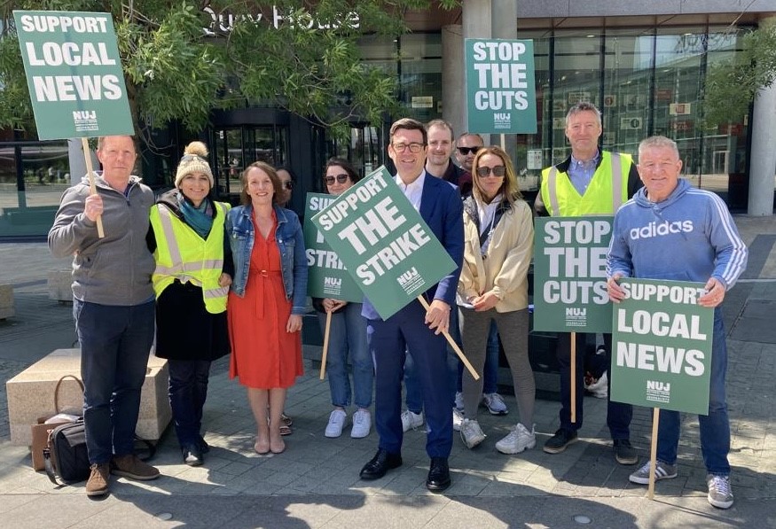 NUJ picket line at Media City Salford with Manchester Mayor Andy Burnham