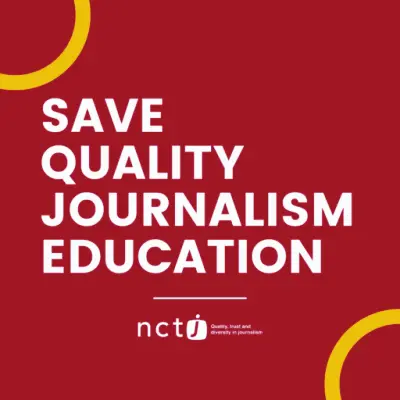 NCTJ campaign graphic. Text reads Save quality journalism education with NTCJ logo beneath - all in white text against red background. 