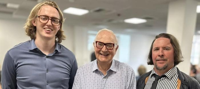Hugo Harvey stands next to Richard Blair and Dr Jaron Murphy.
