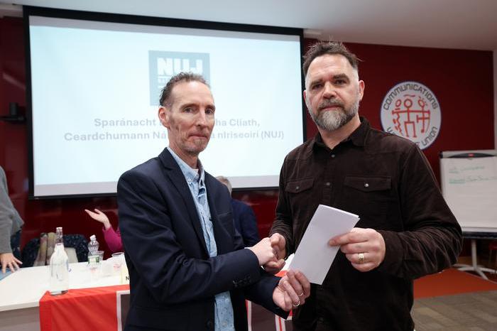 NUJ Irish Executive Council members Cearbhall Ó Síocháin (left) and Éanna Ó Caollaí (right) at the launch of the Irish language bursary.