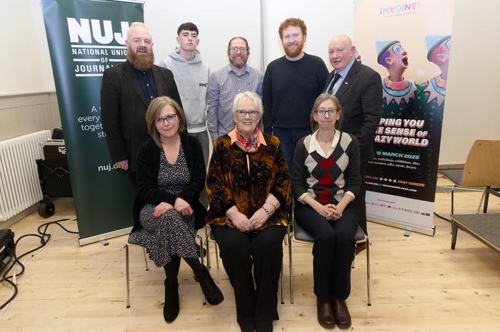 The Lyra McKee Symposium panel from left-to-right, top-to-bottom: Jude Copeland, Stiofan Bruce, Ciaran Hanna, Ciaran O'Connor, Seamus Dooley, Nicola McKee Corner, Anne Hailes, Laura Davison.