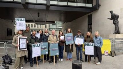 NUJ members joined by John McDonnelll and Laura Davison on the picket line outside Broadcasting House.