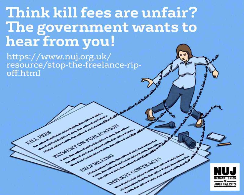 Think kill fees are unfair? the government wants to hear from you. Social media graphic with illustration of woman with words jumping off page wrapped around her.