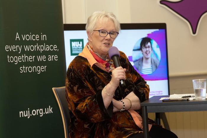 Anne Hailes, NUJ Belfast and District branch chair, speaks at the Lyra McKee Symposium 